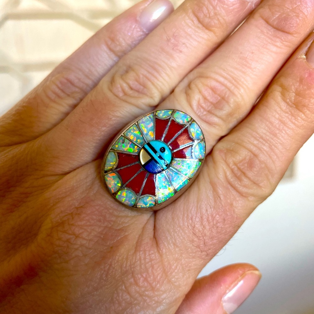 Vintage Stamped Zuni Pueblo Indian Silver Ring Coral Mother of Pearl Size 10